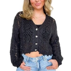 POL Sena Oversized Crochet Cardigan in Black Only